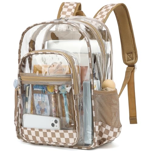 Dezcrab Clear Backpack for School Girls Boys Heavy Duty Transparent Backpack Kids SeeThrough Clear Bookbag Checkered Khaki - Image 1