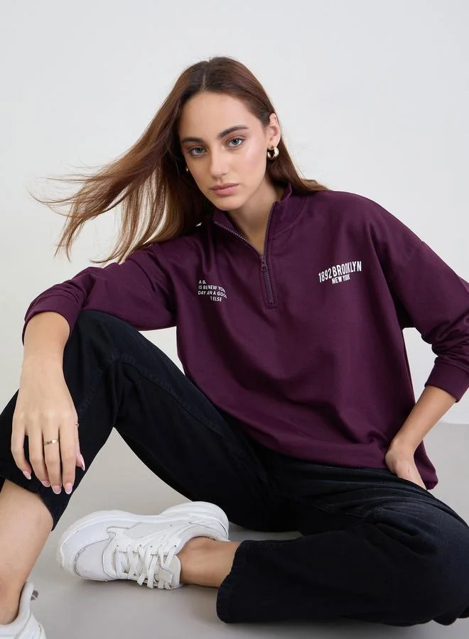 Styli Styli Purple Slogan Print Oversized Sweatshirt