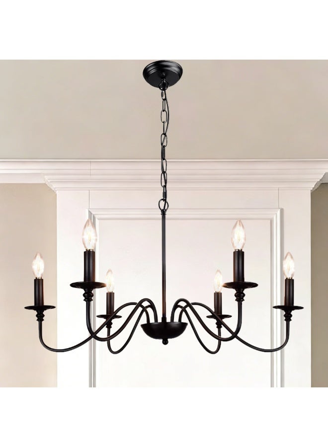 Aurrako Modern Ceiling Lighting Chandelier,6 Lights Farmhouse Candle Chandelier for Living Room with Adjustable Chain,Ceiling Lamp fixture for Bedroom Hallway Kitchen Dining Room Foyer, Pendant Light Matte Black E12 Socket - Image 2