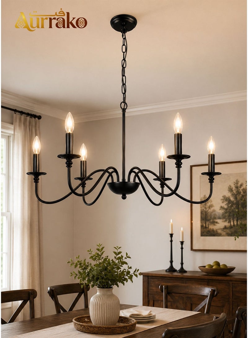 Aurrako Modern Ceiling Lighting Chandelier,6 Lights Farmhouse Candle Chandelier for Living Room with Adjustable Chain,Ceiling Lamp fixture for Bedroom Hallway Kitchen Dining Room Foyer, Pendant Light Matte Black E12 Socket - Image 1
