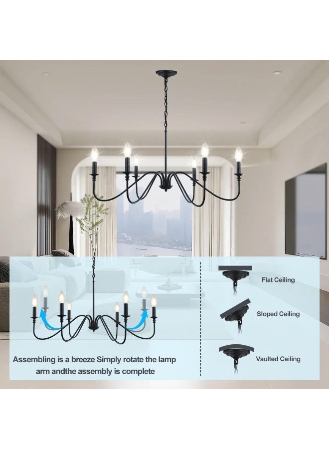 Aurrako Modern Ceiling Lighting Chandelier,6 Lights Farmhouse Candle Chandelier for Living Room with Adjustable Chain,Ceiling Lamp fixture for Bedroom Hallway Kitchen Dining Room Foyer, Pendant Light Matte Black E12 Socket - Image 5