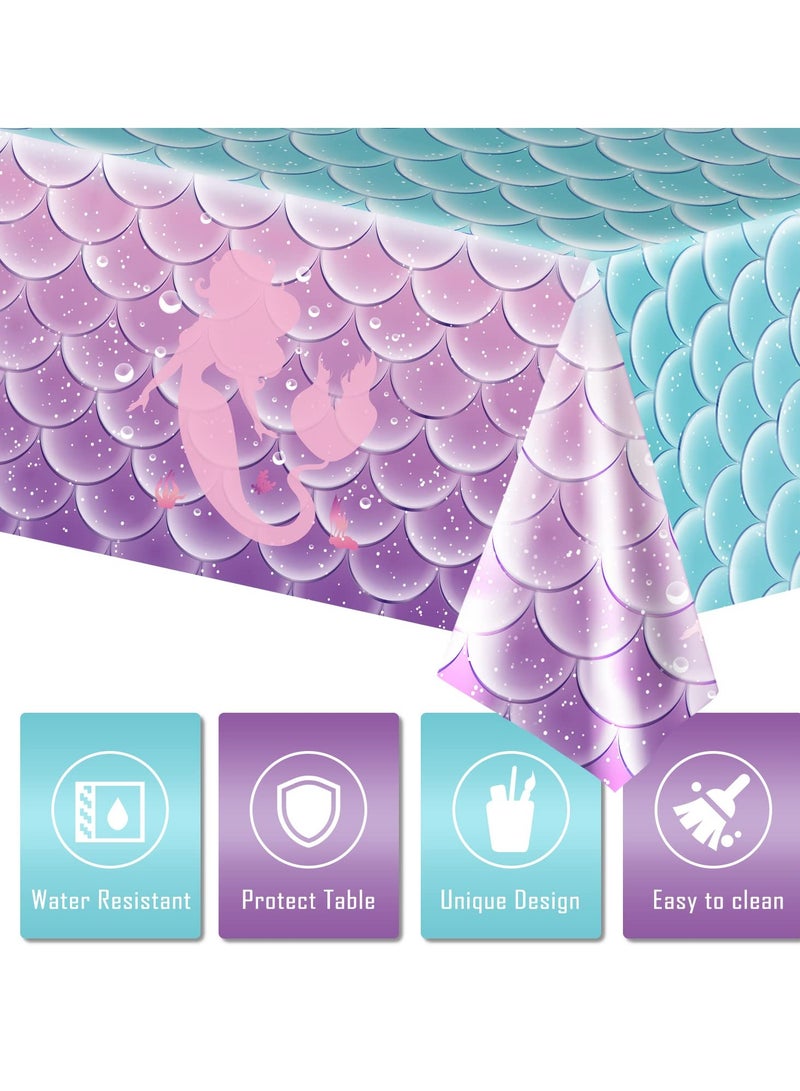 Zikra Disposable Tablecloth, Mermaid Birthday Party Favors Tablecloth Decorations Plastic Table Cover for Girls Princess Under The Sea Baby Shower Themed 2pcs,108x54 Inch - Image 3