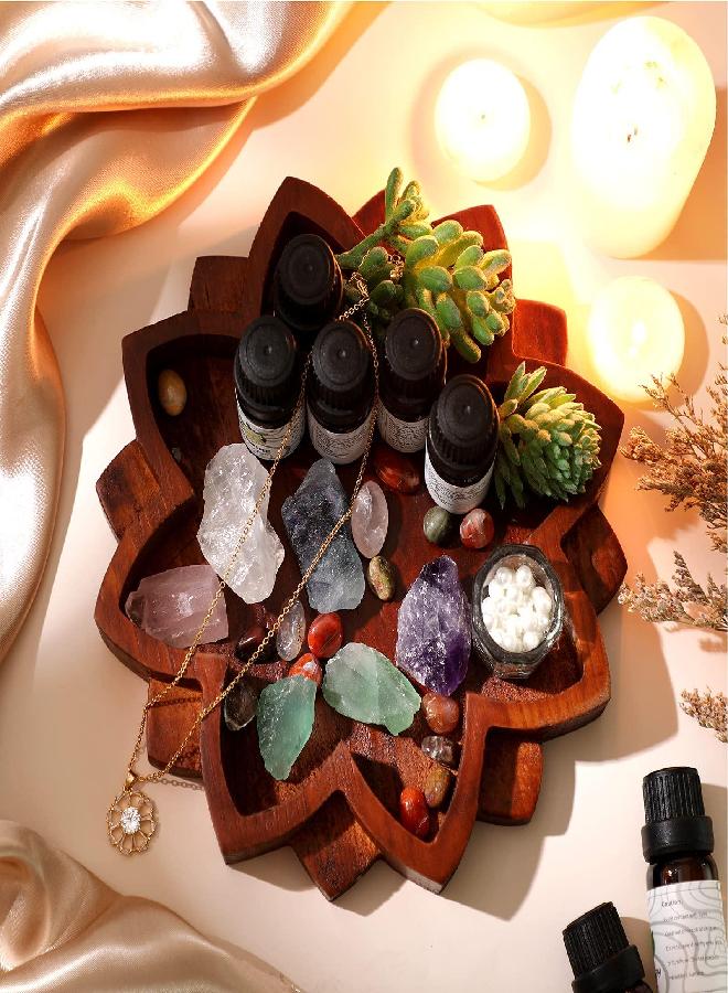 Jetec Lotus Mandala Crystal Tray Wooden Crystal Holder for Stones Lotus Shape Crystal Display Tray Wood Jewelry Plate Shelf Healing Crystal Organizer Large Bowl Decor for Gemstones, 7.9 x 7.9 Inch, Brown  - Image 1