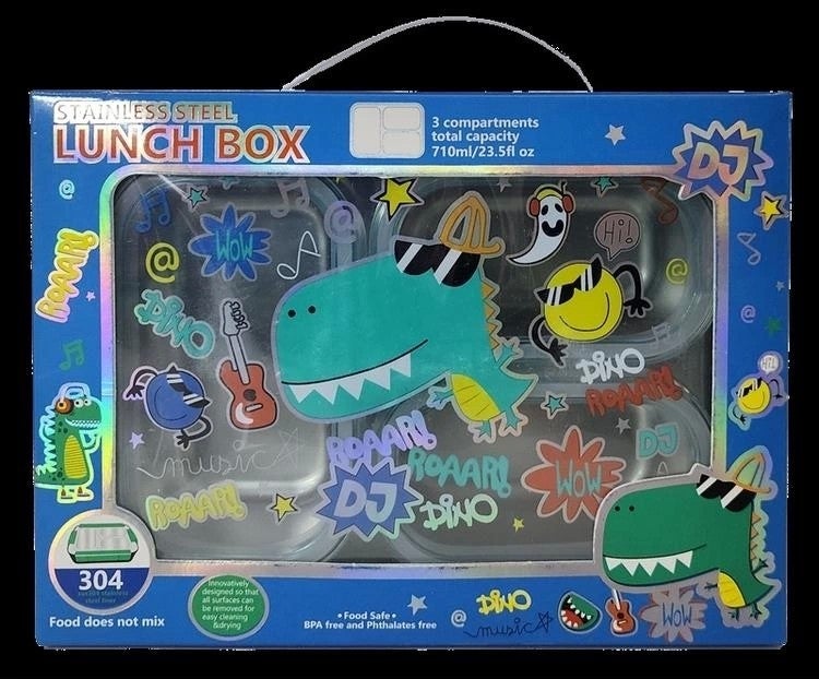 Vest BES0006 Dinosaur Patterned Transparent Lid 3 Compartment 710 ml Steel Lunch Box