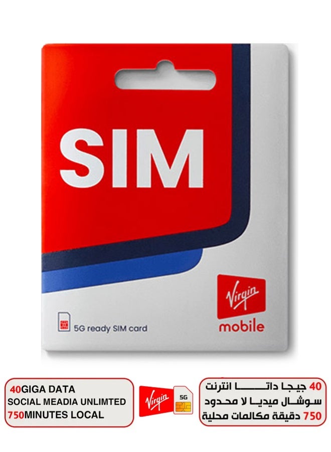 فيرجن شريحة  5G سعة 40 جيجابايت بيانات  + استخدام غير محدود لوسائل التواصل الاجتماعي + 750 دقيقة محلية - Image 1