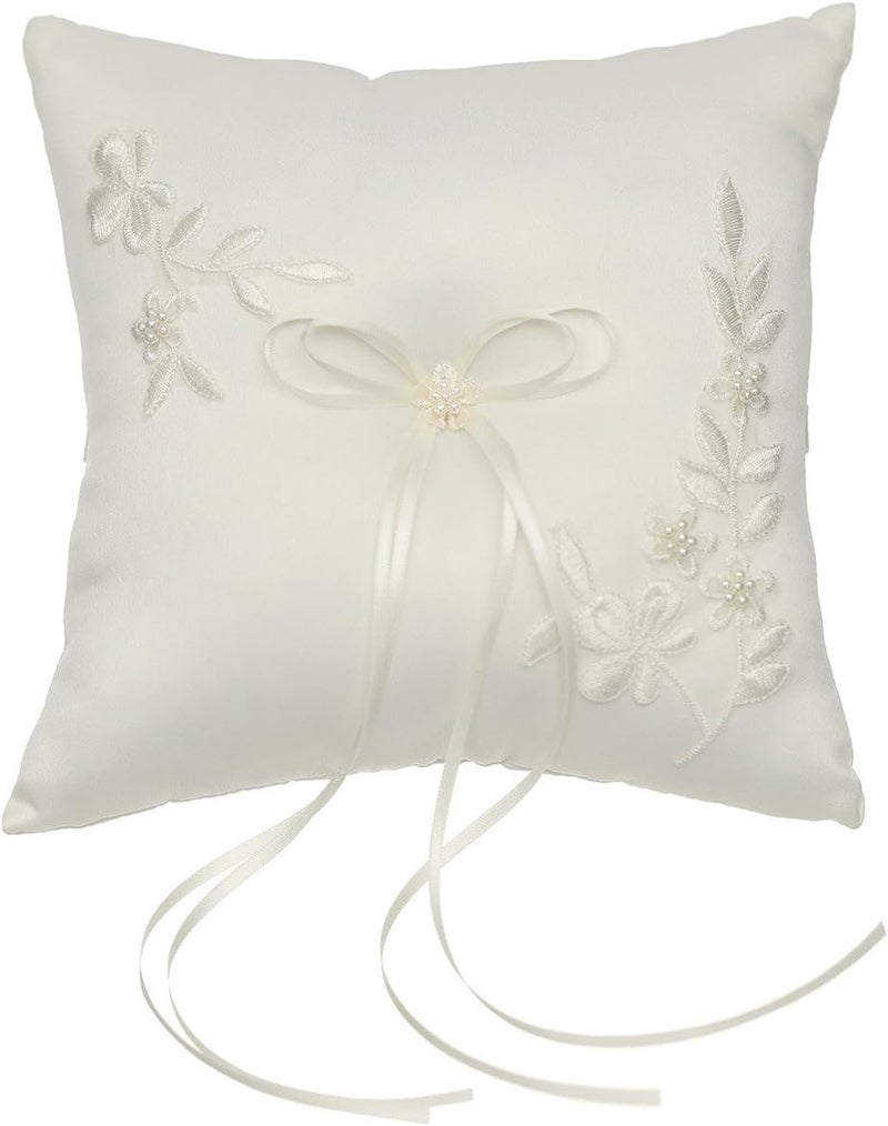 SAMKY Pearl Embroidered Flower Leaves Wedding Ring Bearer Pillow 7 Inch x 7 Inch - Ivory RP010I - Image 1