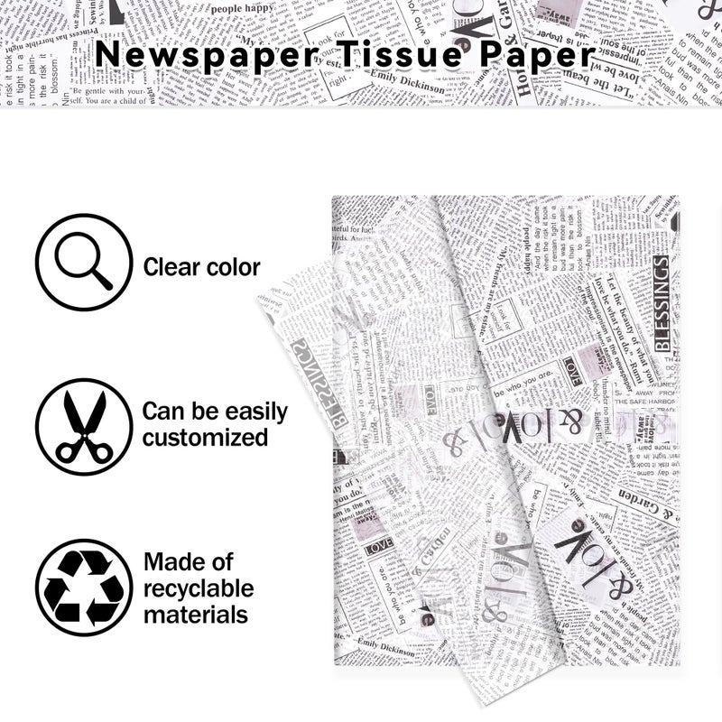 JOINFANXIN 100 Sheets Retro Newspaper Pattern Wrapping Paper, Vintage Newspaper Print Gift Wrap Tissue Paper, DIY Arts Crafts for Birthday Baby Showe Party Decoration Supplies, 13.8 x 19.7 inches - Image 2