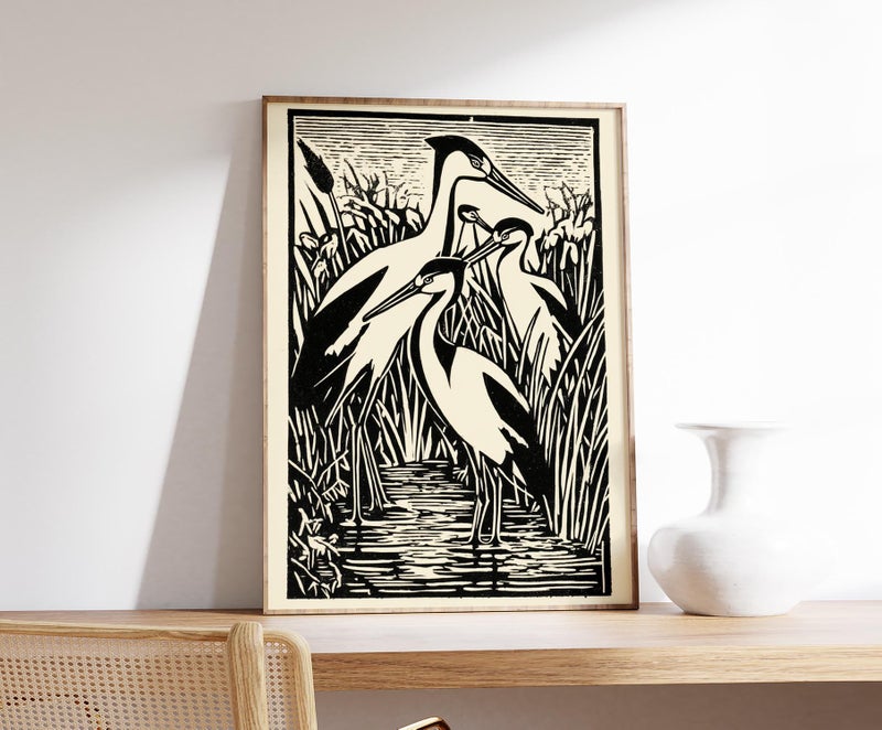 TNESSENTIAL Linocut Heron Art Print, Black and White Marshland Wildlife Poster - Image 2