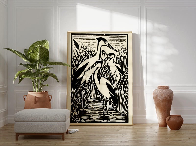 TNESSENTIAL Linocut Heron Art Print, Black and White Marshland Wildlife Poster - Image 4