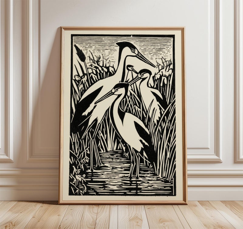 TNESSENTIAL Linocut Heron Art Print, Black and White Marshland Wildlife Poster - Image 1