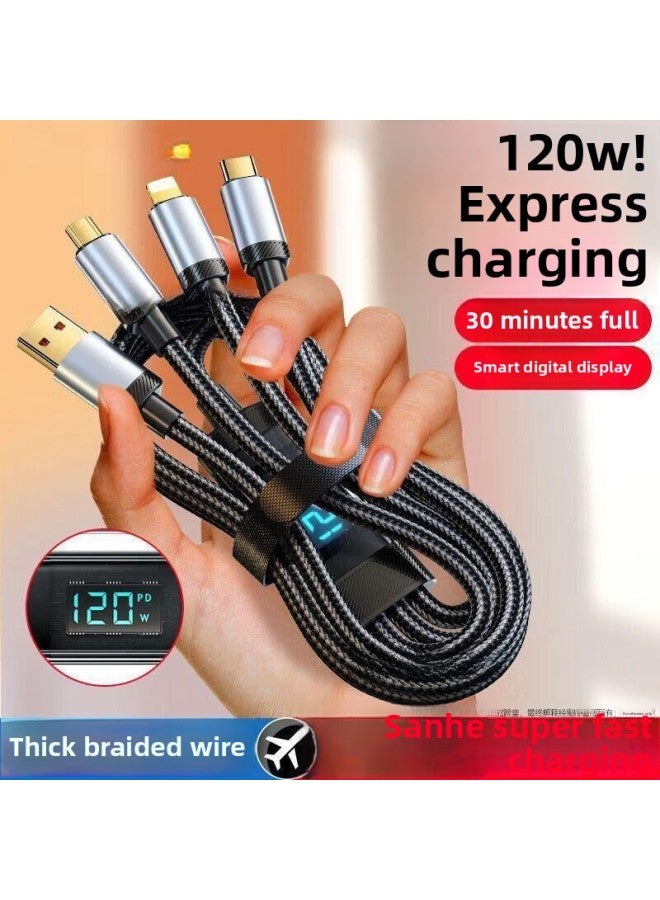 120W Super Fast Charge Digital Display Three-in-One Data Cable One-to-Three Charging Cable For Apple For Huawei OPPO Flash Charge-Color:One To Three (120w Super Fast Charge) Earl Black-smart Chip 【 - Image 2
