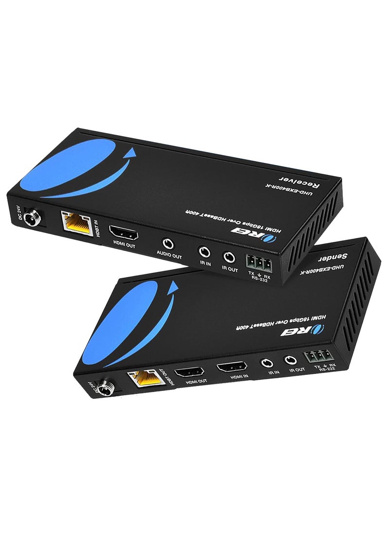 OREI OREI 4K HDMI over Ethernet Extender Balun - HDBaseT UltraHD 4K @ 60Hz 4:4:4 CAT5e/6/7 Cable with HDR, CEC & IR Control, RS-232 Up to 400 Ft Loop Out POC Audio Out (UHD-EXB400R-K)  - Image 1