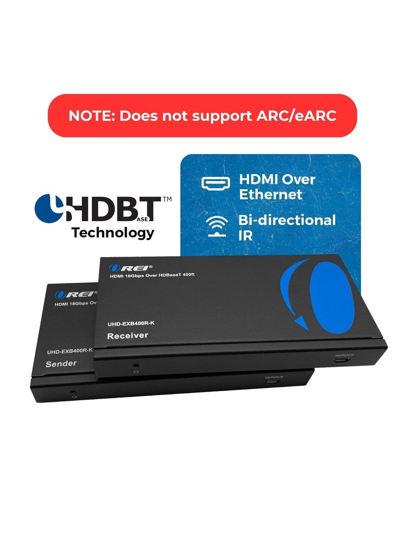OREI OREI 4K HDMI over Ethernet Extender Balun - HDBaseT UltraHD 4K @ 60Hz 4:4:4 CAT5e/6/7 Cable with HDR, CEC & IR Control, RS-232 Up to 400 Ft Loop Out POC Audio Out (UHD-EXB400R-K)  - Image 2