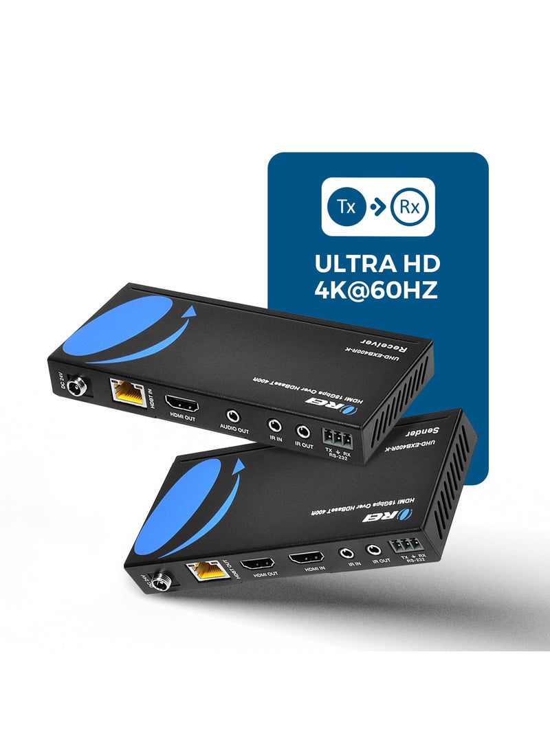 OREI OREI 4K HDMI over Ethernet Extender Balun - HDBaseT UltraHD 4K @ 60Hz 4:4:4 CAT5e/6/7 Cable with HDR, CEC & IR Control, RS-232 Up to 400 Ft Loop Out POC Audio Out (UHD-EXB400R-K)  - Image 3