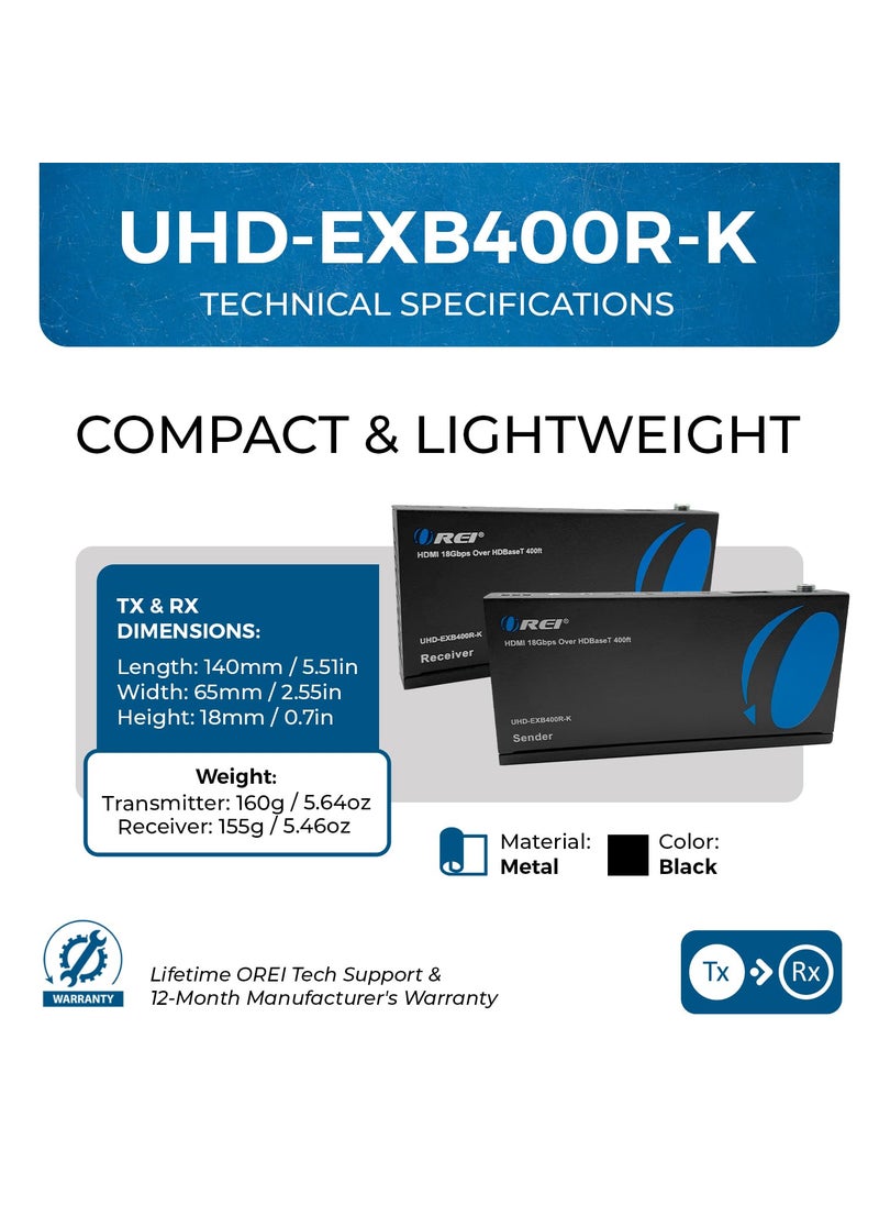OREI OREI 4K HDMI over Ethernet Extender Balun - HDBaseT UltraHD 4K @ 60Hz 4:4:4 CAT5e/6/7 Cable with HDR, CEC & IR Control, RS-232 Up to 400 Ft Loop Out POC Audio Out (UHD-EXB400R-K)  - Image 5