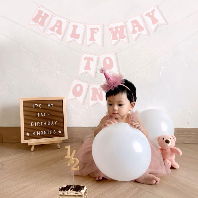 LINGANA Half Way To One Pink Banner - Sweet 6 Months Birthday Decorations,Pink Cake Smash Photo Backdrop,Little Princess 1/2 Birthday Party Banner,Home Wall Mantel Hanging Garland - Image 3