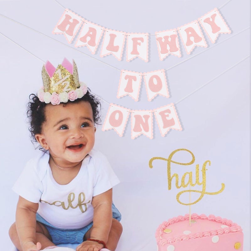 LINGANA Half Way To One Pink Banner - Sweet 6 Months Birthday Decorations,Pink Cake Smash Photo Backdrop,Little Princess 1/2 Birthday Party Banner,Home Wall Mantel Hanging Garland - Image 4