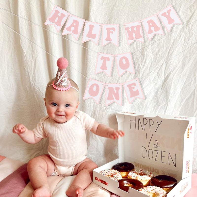 LINGANA Half Way To One Pink Banner - Sweet 6 Months Birthday Decorations,Pink Cake Smash Photo Backdrop,Little Princess 1/2 Birthday Party Banner,Home Wall Mantel Hanging Garland - Image 2