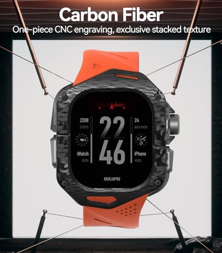 Aulumu A01 Carbon Fibre Case with Apple Watch Ultra Band 49MM | Luxury Lightweight Design | Only for Apple Watch Band Ultra 1/2/3 49mm | Carbon Fibre Case with Orange Straps - Image 2