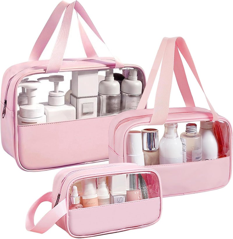 KBS Washbag Toiletry Kit Cosmetic Makeup Storage Organizer Bags Pouch Set of 3, Clear Travel Luggage Organiser Transparent with Metal Zipper for Men Women Girls (Pink) - Image 1