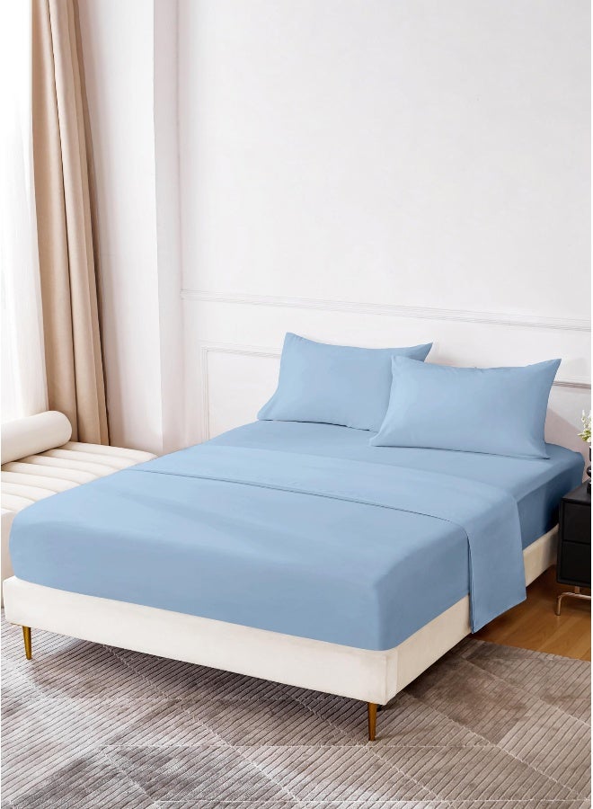Noon East Super King Size 4Pc Fitted Sheet Set | Soft Microfiber Material | Light Blue Color | 1 Fitted Sheet 200 X 200 Cm With 40 Cm Deep Pocket, 1 Flat Sheet 280 X 280 Cm, 2 Pillow Cases 50 X 100Cm | Suitable For Super King Size Mattress - Image 1