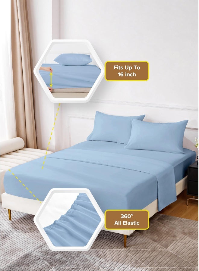 Noon East Super King Size 4Pc Fitted Sheet Set | Soft Microfiber Material | Light Blue Color | 1 Fitted Sheet 200 X 200 Cm With 40 Cm Deep Pocket, 1 Flat Sheet 280 X 280 Cm, 2 Pillow Cases 50 X 100Cm | Suitable For Super King Size Mattress - Image 3