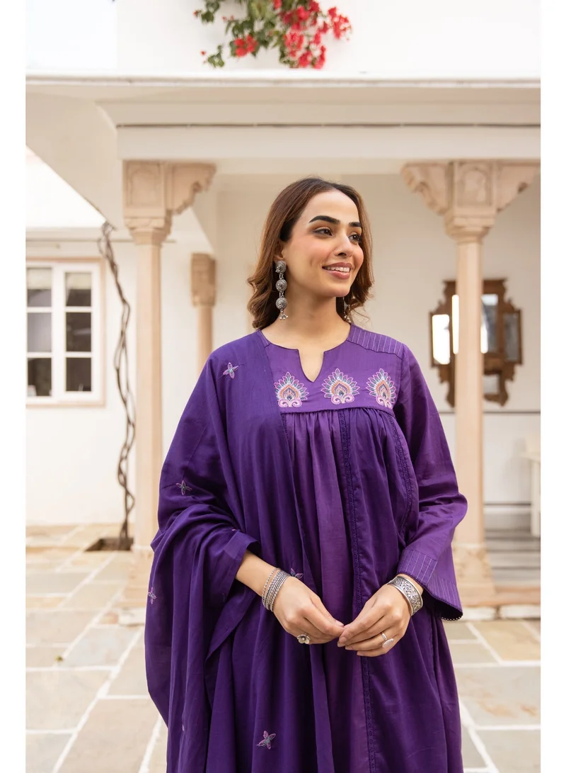 Priya’s Panache Purple Royal Purple Embroidered Cotton Anarkali Kurta Set for Women | Kurta Pant Dupatta Set | Indian Traditional Wear | Ethnic Indian Wear | Festive & Party Wear for Women | Best Price UAE