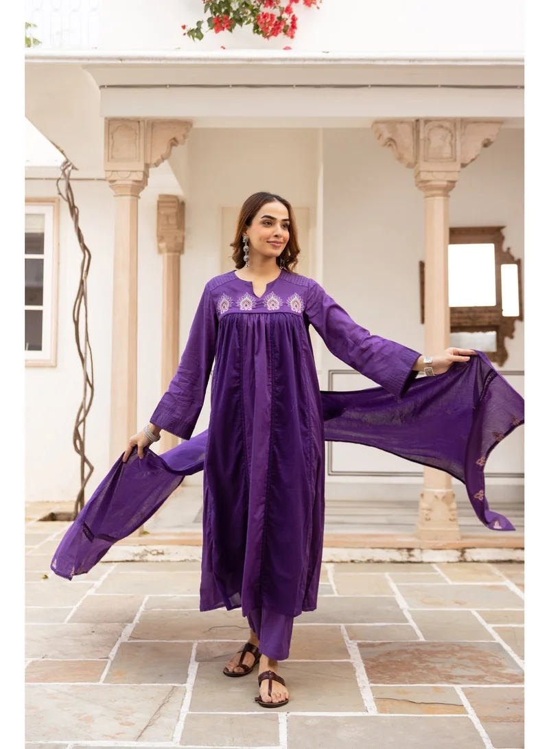 Priya’s Panache Purple Royal Purple Embroidered Cotton Anarkali Kurta Set for Women | Kurta Pant Dupatta Set | Indian Traditional Wear | Ethnic Indian Wear | Festive & Party Wear for Women | Best Price UAE