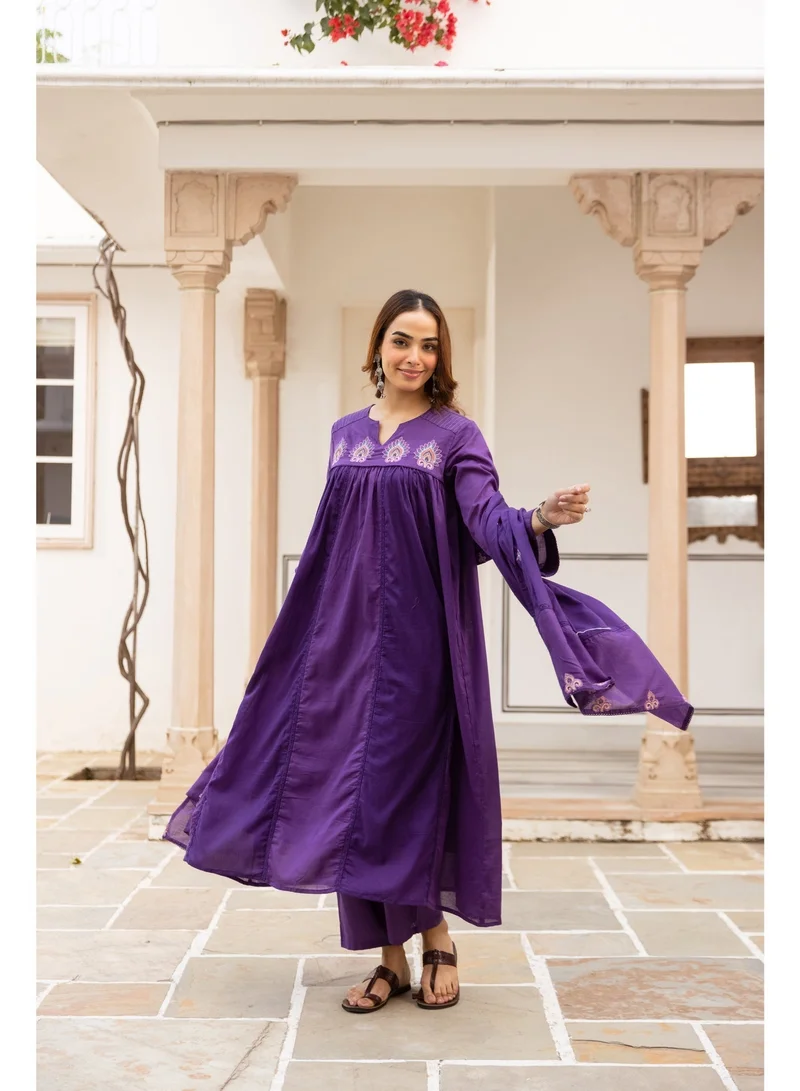 Priya’s Panache Purple Royal Purple Embroidered Cotton Anarkali Kurta Set for Women | Kurta Pant Dupatta Set | Indian Traditional Wear | Ethnic Indian Wear | Festive & Party Wear for Women | Best Price UAE