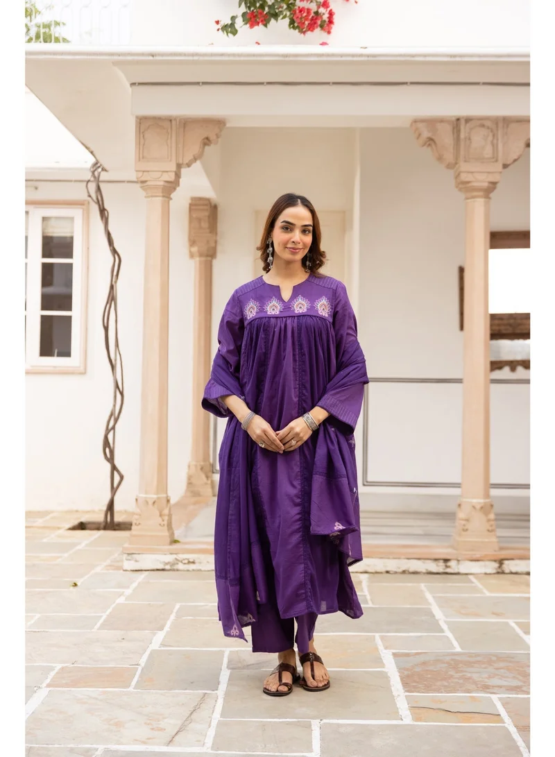 Priya’s Panache Purple Royal Purple Embroidered Cotton Anarkali Kurta Set for Women | Kurta Pant Dupatta Set | Indian Traditional Wear | Ethnic Indian Wear | Festive & Party Wear for Women | Best Price UAE
