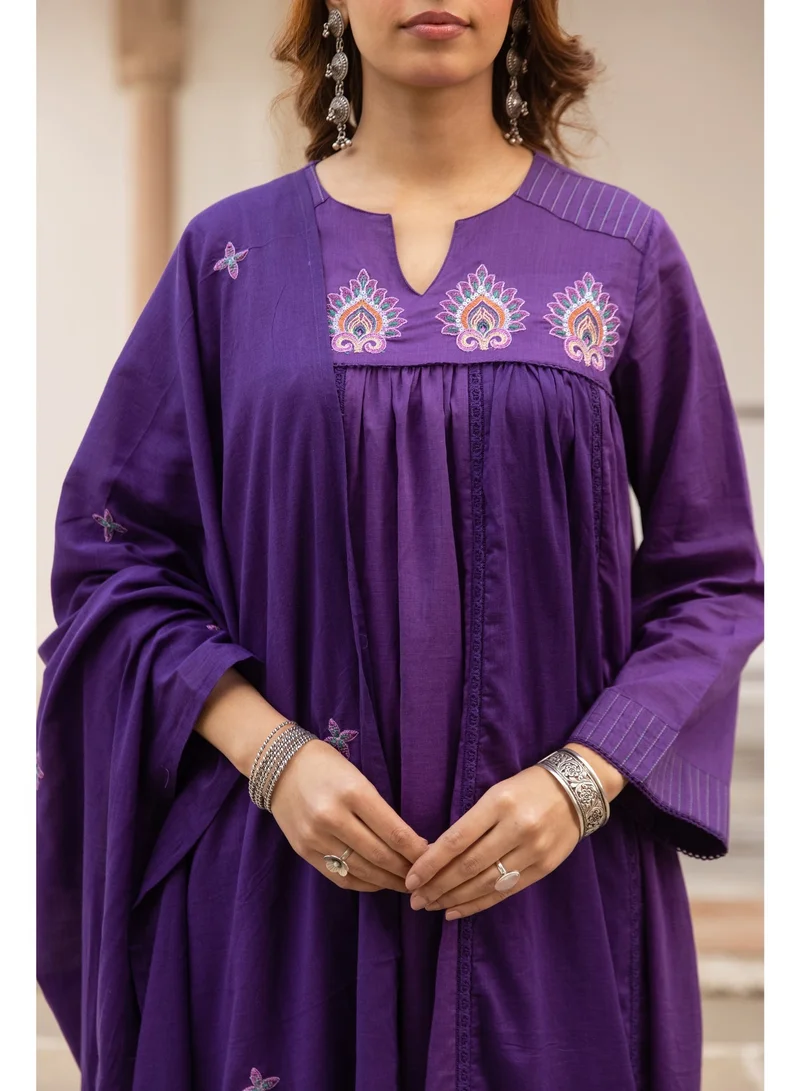 Priya’s Panache Purple Royal Purple Embroidered Cotton Anarkali Kurta Set for Women | Kurta Pant Dupatta Set | Indian Traditional Wear | Ethnic Indian Wear | Festive & Party Wear for Women | Best Price UAE