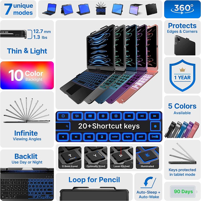 typecase غطاء لوحة مفاتيح لمسة فليكس بوك لجهاز آيباد إير 13 (M3/M2، 2025/2024)، آيباد برو 13 (M4) وآيباد برو 12.9 (الجيل 6/5/4/3) ، إضاءة خلفية 11 لون، قابل للدوران 360°، حامل قلم (ذهب وردي'25) - Image 3