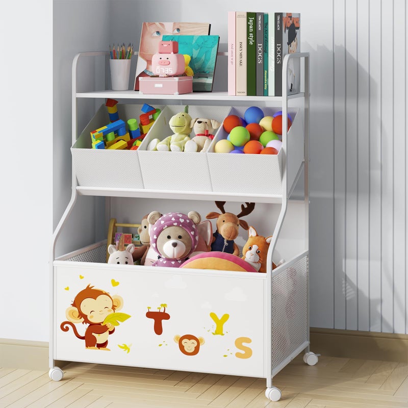BBLIKE Toy Storage Organizer with Wheels - 3-Tier Kids Large Toy Box, Toy Chest Storage for Boys Girls Toddlers, Kids Bookshelf with 3 Fabric Toy Boxes for Playroom, White - Image 1