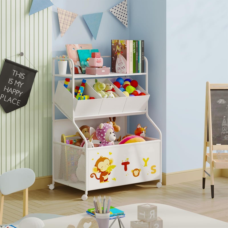 BBLIKE Toy Storage Organizer with Wheels - 3-Tier Kids Large Toy Box, Toy Chest Storage for Boys Girls Toddlers, Kids Bookshelf with 3 Fabric Toy Boxes for Playroom, White - Image 3