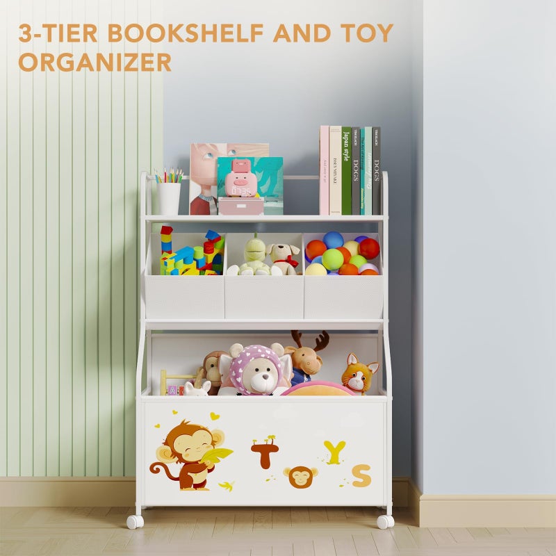 BBLIKE Toy Storage Organizer with Wheels - 3-Tier Kids Large Toy Box, Toy Chest Storage for Boys Girls Toddlers, Kids Bookshelf with 3 Fabric Toy Boxes for Playroom, White - Image 2