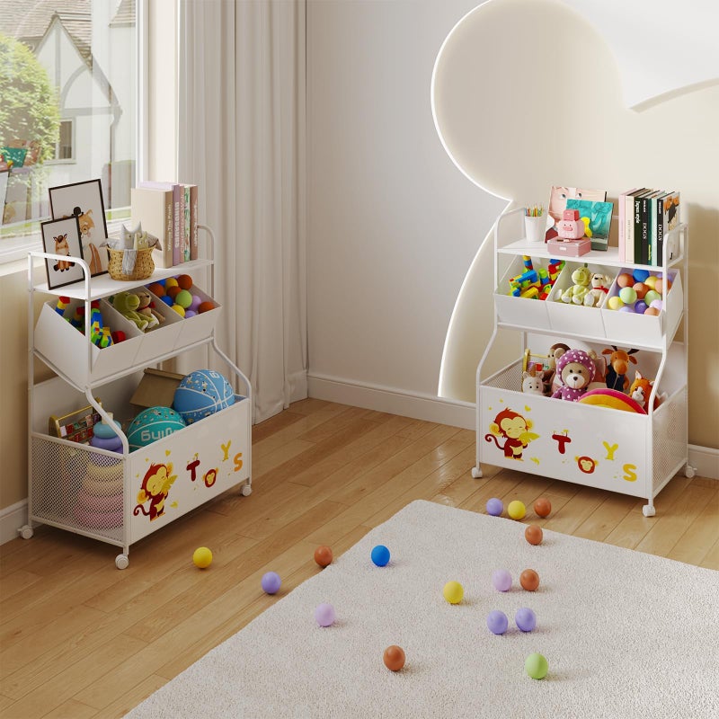 BBLIKE Toy Storage Organizer with Wheels - 3-Tier Kids Large Toy Box, Toy Chest Storage for Boys Girls Toddlers, Kids Bookshelf with 3 Fabric Toy Boxes for Playroom, White - Image 4