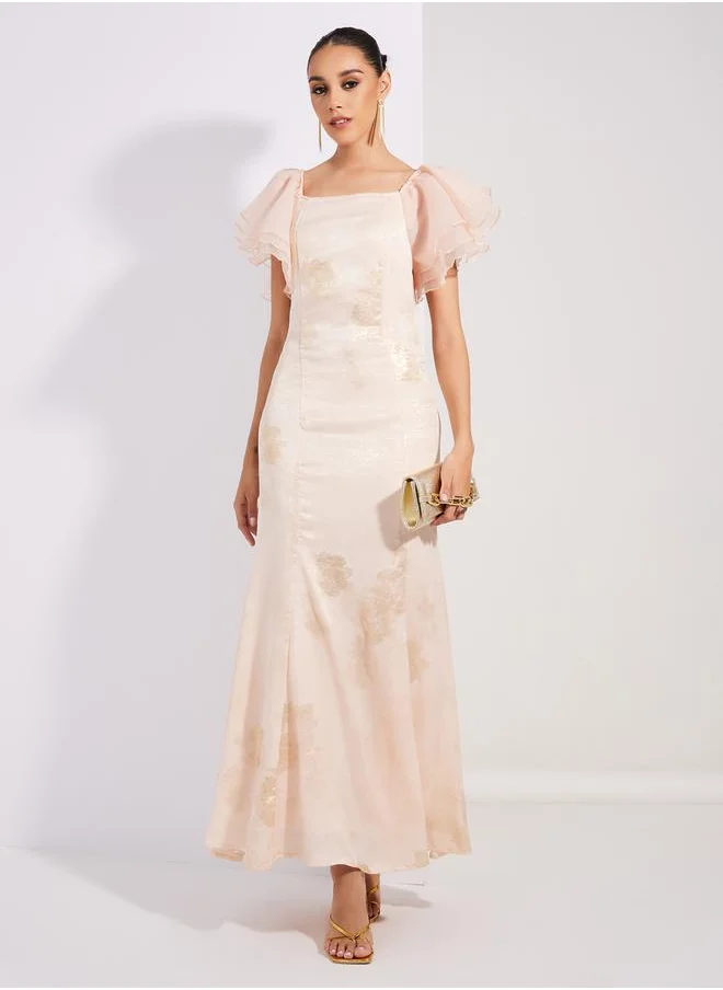 ستايلي Jacquard Print Mermaid Fit Maxi Dress with Ruffled Sleeve