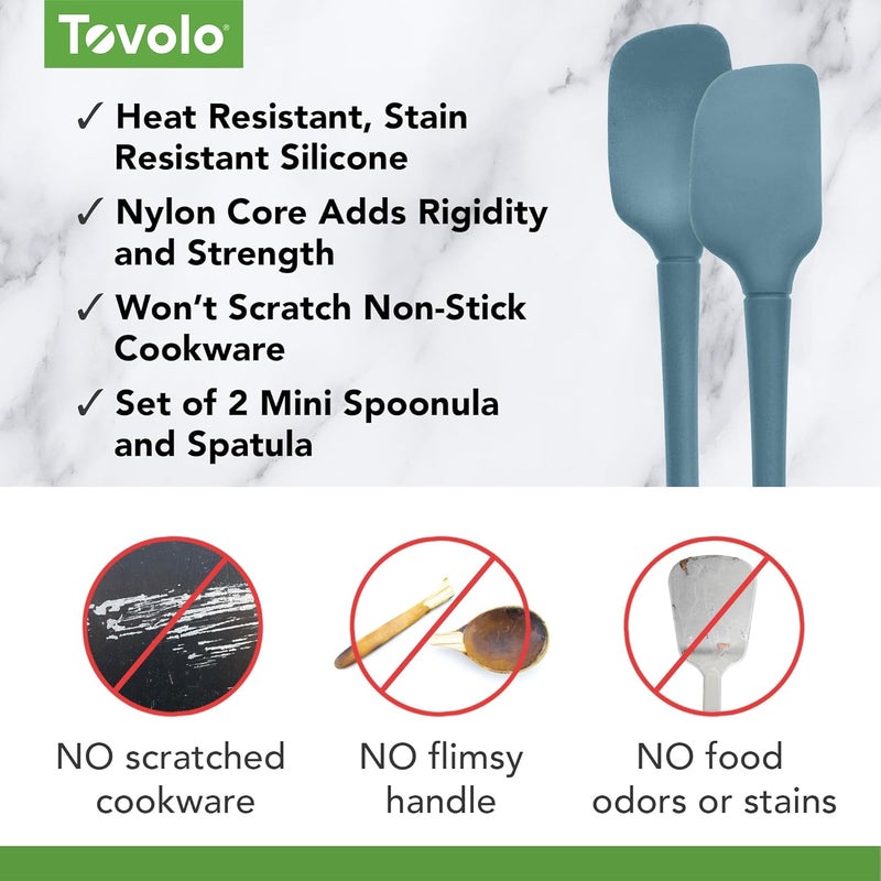 توفولو مجموعة أدوات مطبخ Flex-Core All-Silicone Mini Spatula & Spoonula، مكونة من ملعقة وملعقة صغيرتين، مصنوعة من السيليكون المقاوم للحرارة وخالية من مادة BPA، آمنة للاستخدام مع أواني الحديد الزهر والأواني غير اللاصقة، وقابلة للتنظيف في غسالة الأطباق. - Image 2