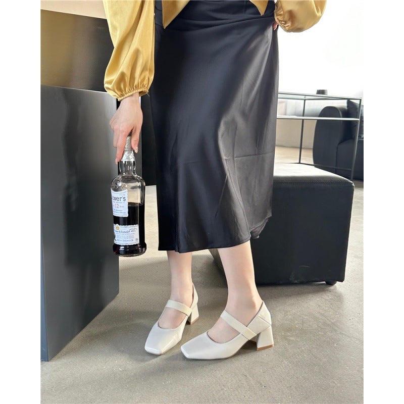 2024 ربيع جديد موضة فرنسية متعددة الاستخدامات كعب عريض مربع الرأس كعب عالي مريح أنيق أحذية طبقة واحدة - Image 3