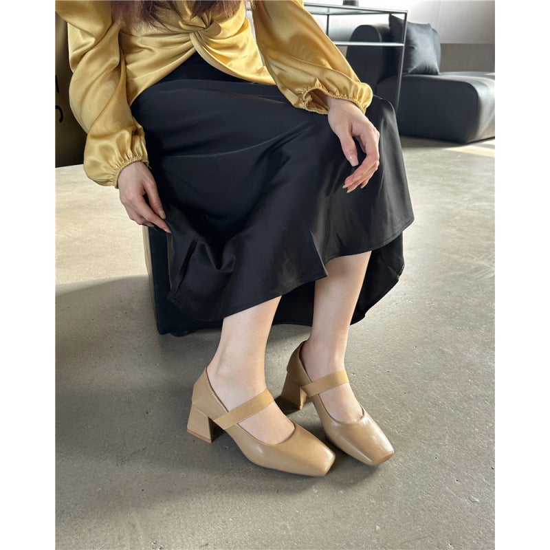 2024 ربيع جديد موضة فرنسية متعددة الاستخدامات كعب عريض مربع الرأس كعب عالي مريح أنيق أحذية طبقة واحدة - Image 4