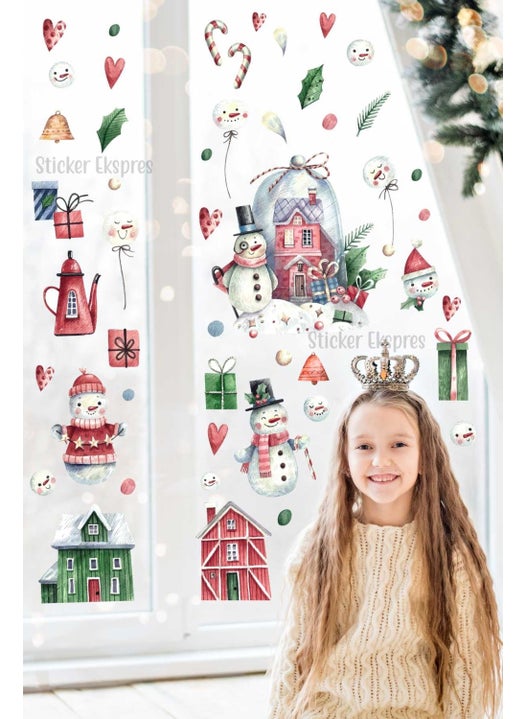 Snowmen Houses and Winter Figures Christmas Glass Wall Door Sticker Set