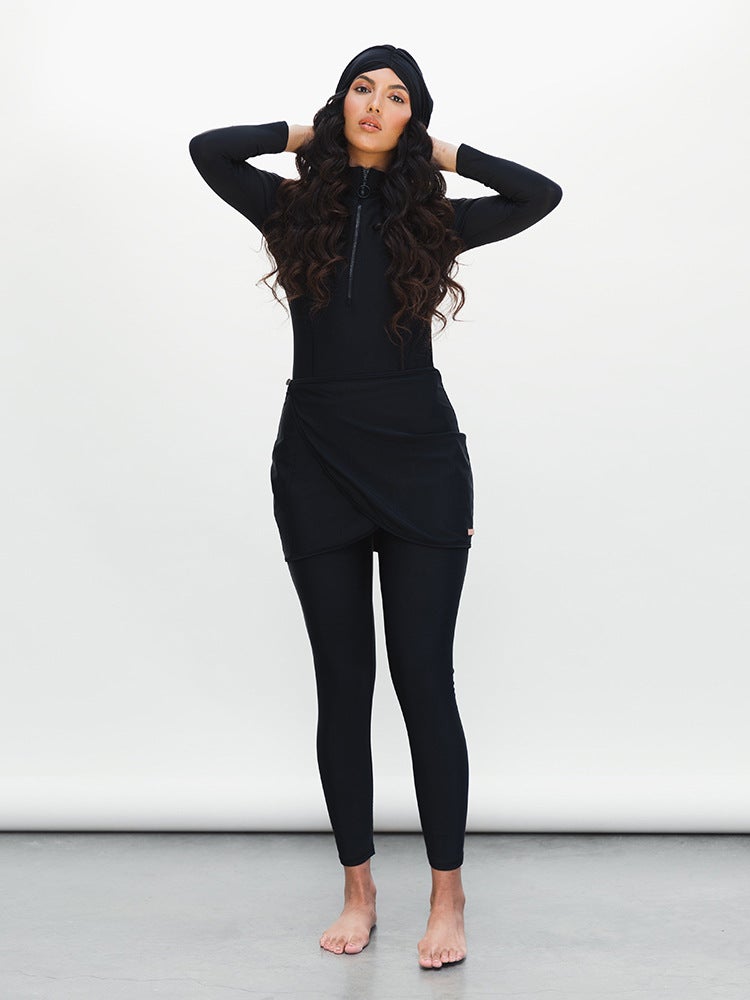 Cross-Border Solid Color Swimsuit for Women, Full Coverage Three-Piece Set with Long Sleeves, Long Pants, and Hat, Beach Swimwear - Image 5