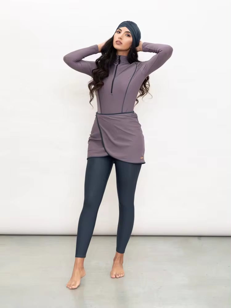 Cross-Border Solid Color Swimsuit for Women, Full Coverage Three-Piece Set with Long Sleeves, Long Pants, and Hat, Beach Swimwear - Image 3