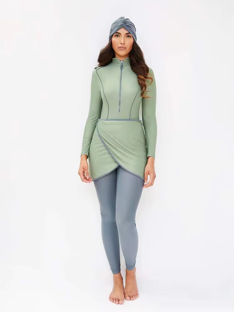 Cross-Border Solid Color Swimsuit for Women, Full Coverage Three-Piece Set with Long Sleeves, Long Pants, and Hat, Beach Swimwear - Image 4