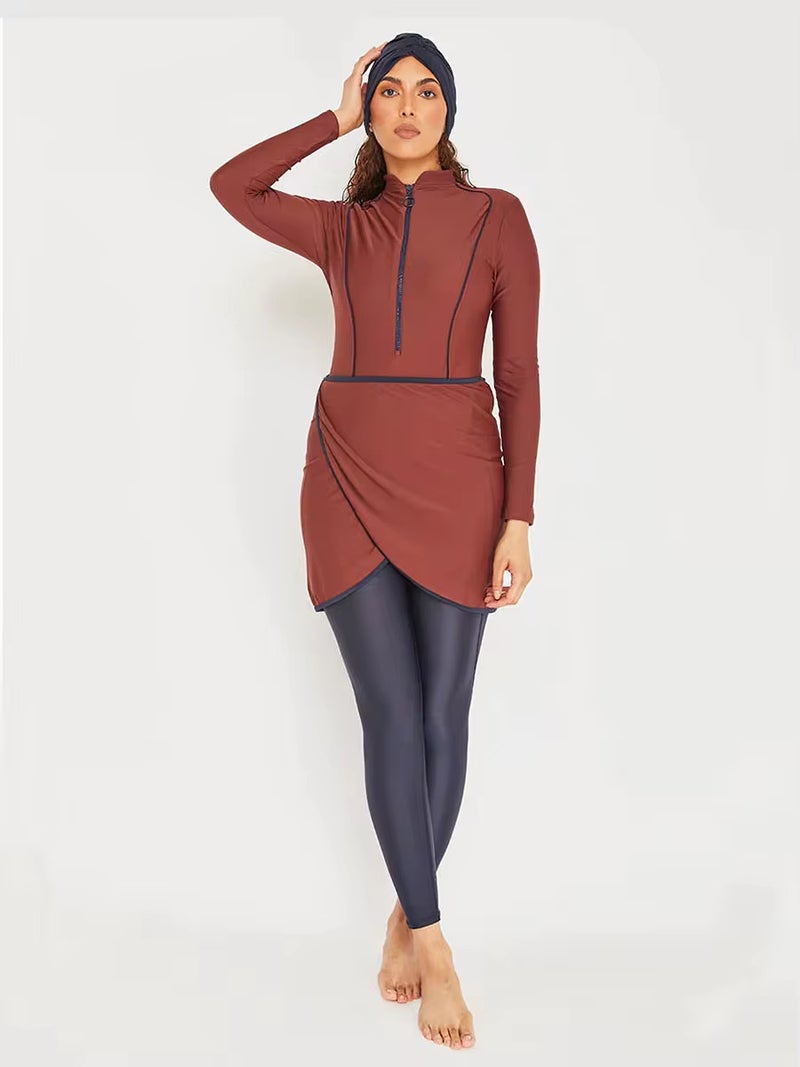 Cross-Border Solid Color Swimsuit for Women, Full Coverage Three-Piece Set with Long Sleeves, Long Pants, and Hat, Beach Swimwear - Image 2