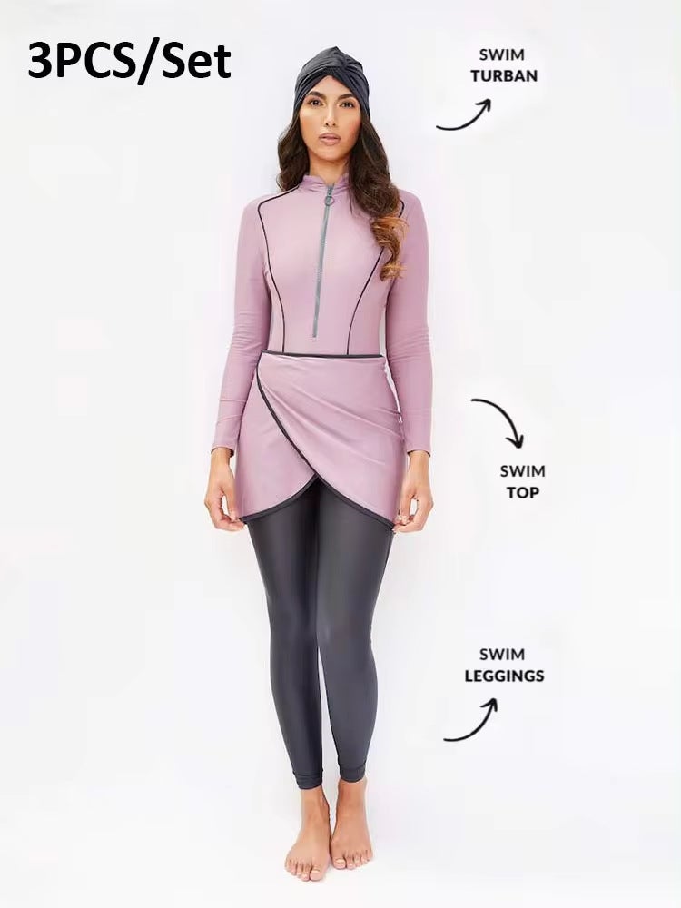Cross-Border Solid Color Swimsuit for Women, Full Coverage Three-Piece Set with Long Sleeves, Long Pants, and Hat, Beach Swimwear - Image 1