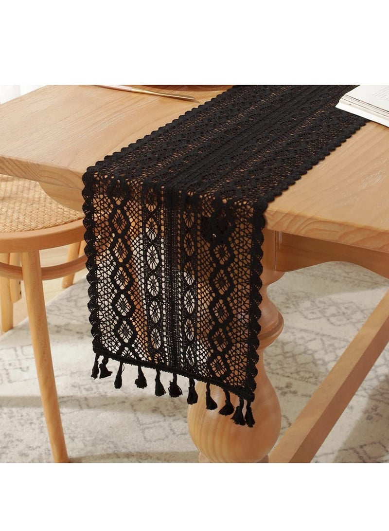 KASTWAVE Boho Crochet Table Runner,24*160CM Black Vintage Farmhouse Macrame Table Runner for Coffee Dining Table Kitchen Decor - Image 1