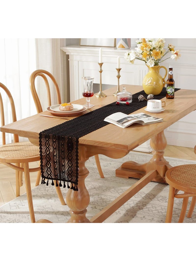 KASTWAVE Boho Crochet Table Runner,24*160CM Black Vintage Farmhouse Macrame Table Runner for Coffee Dining Table Kitchen Decor - Image 3