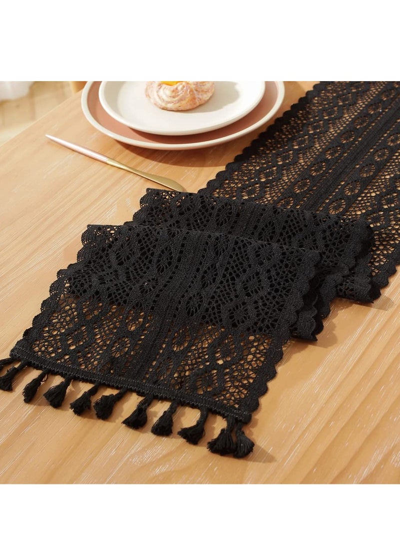 KASTWAVE Boho Crochet Table Runner,24*160CM Black Vintage Farmhouse Macrame Table Runner for Coffee Dining Table Kitchen Decor - Image 2