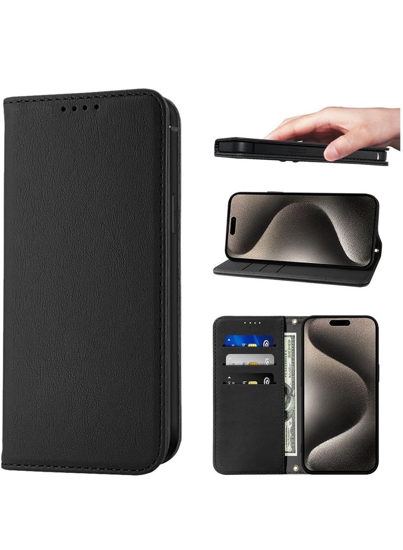 حافظة محفظة لهاتف آيفون 15 برو ماكس - جلد فاخر PU - غطاء قابل للطي مع إغلاق مغناطيسي مقاوم للصدمات - تصميم كتاب مع فتحات بطاقات - آيفون 15 برو ماكس (6.7 بوصة) - أسود - Image 1